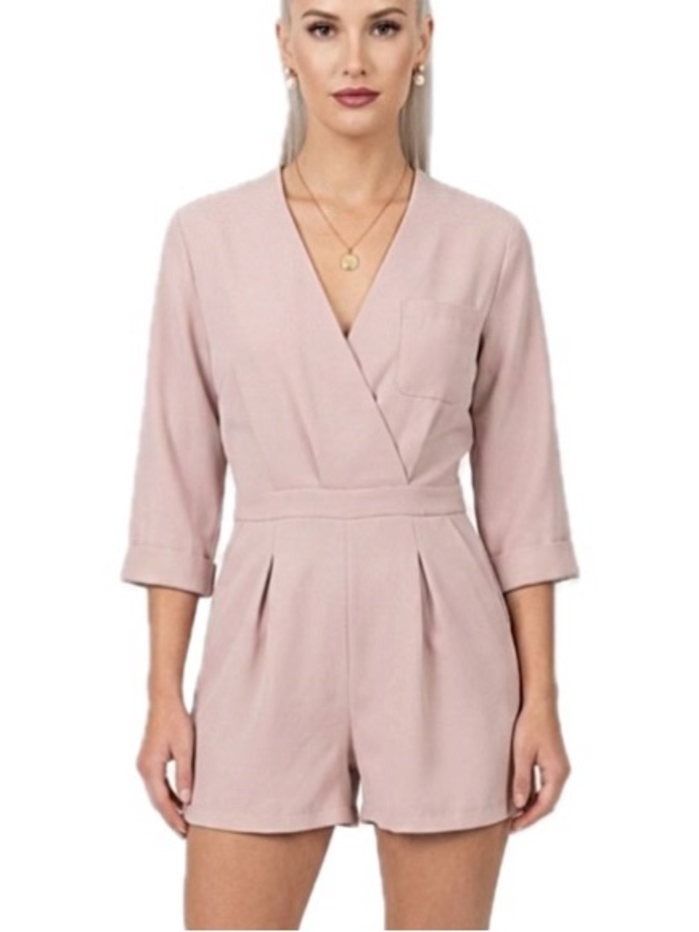 Topshop 3/4 Sleeve Pocket Romper Size 4 Small 3/4 Sleeve Pleated Short Pale Pink